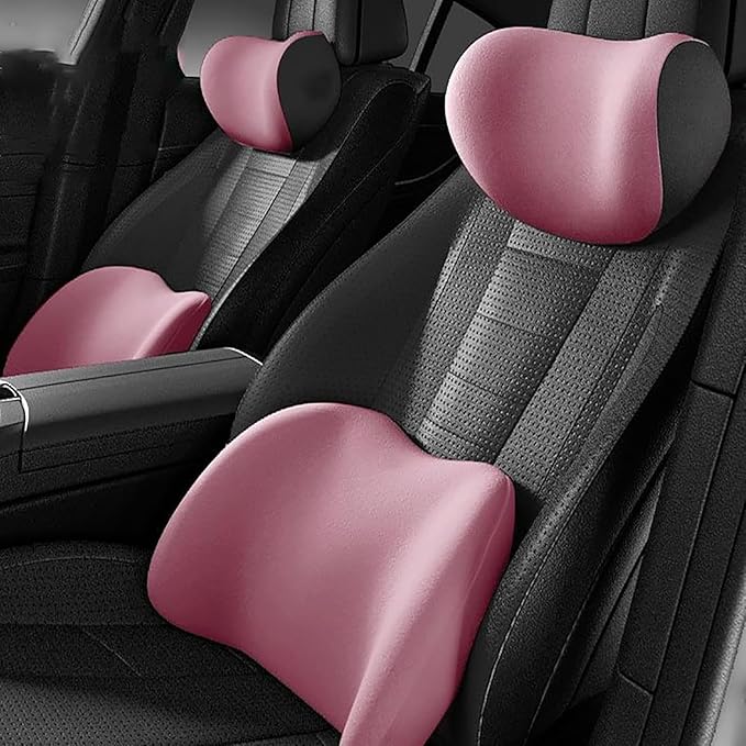 New Car Headrest & Lumbar Support Cushion for Ford F-350 SuperCrew 2009-2024, Ergonomic Memory Foam Seat Headrest Neck Rest Cushion Breathable Removable Cover for Neck Back Relief,E/Pink
