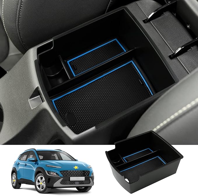 SKTU for 2018 2019 2020 2021 2022 2023 Hyundai Kona Center Console Organizer Insert ABS Black Materials Tray Armrest Box Glove Secondary Storage Box with Coin and Glass Holder (Blue)