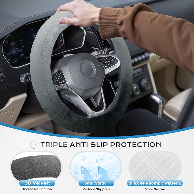 Coverado Winter Fluffy Steering Wheel Cover, Upgraded Anti-Slip Fuzzy Furry Car Steering Wheel Cover, Universal 14-15 inch, Soft Plush, Warm, No Odor, Luxurious Decoration for Women Men, Gradient Gray