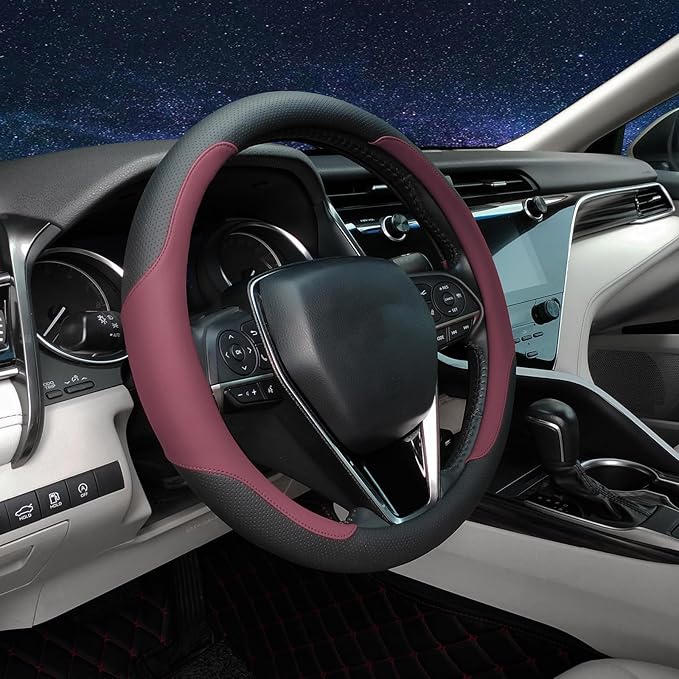 Mihecor Steering Wheel Cover Standard Size Medium 14.5-15 inch, Breathable Microfiber Leather, Anti-Slip, Soft Grip, Universal Fit for Cars SUVs Trucks, Black and Burgundy