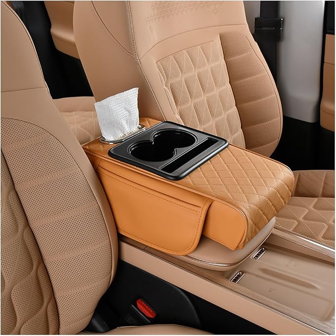 Car Armrest Storage Box for Lincoln Nautilus 2019-2024, Center Console Organizer with Side Pocket, Ergonomic Memory Foam Armrest Cushion, Car Elbow Support Pad,G Orange
