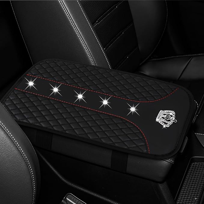Bling Crown Car Center Console Cover, 12.7"×7.7" Armrest Cover for Cars, Waterproof Leather Arm Rest Box Pad Cushion, Universal Middle Console Cover Protector, Car Accessories (Black)