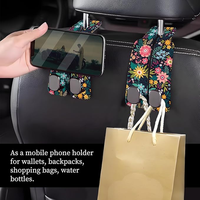 NUGGHU Car Seat Headrest Hook, Universal Leather Cute Hanger Holder Hook, Storage Organizer Interior Accessories for Purse Bags Handbag Purple Cute Flowers