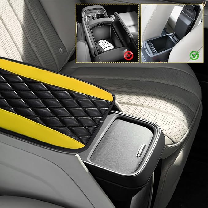 Car Center Console Cushion Pad, 12.6"×7.5" Waterproof Leather Armrest Seat Box Cover Protector, Soft Comfortable Anti-Scratch Arm Rest Console Pad for Most Cars Trucks SUVs (Black & Yellow)