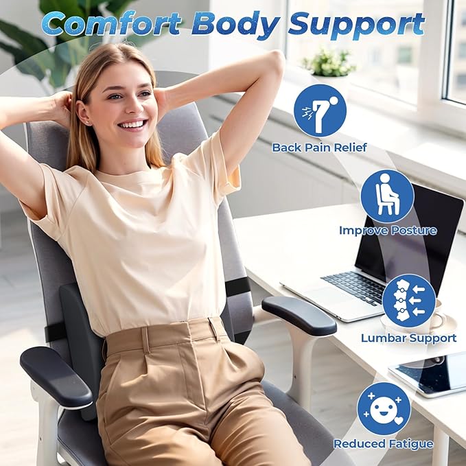 DailyCuddles Lumbar Support Pillow for Office Chair Back Support - Memory Foam Lumbar Pillow for Car or Gaming Chair, Ergonomic Back Cushion with Adjustable Strap for Long-Hour Sitting (Grey)