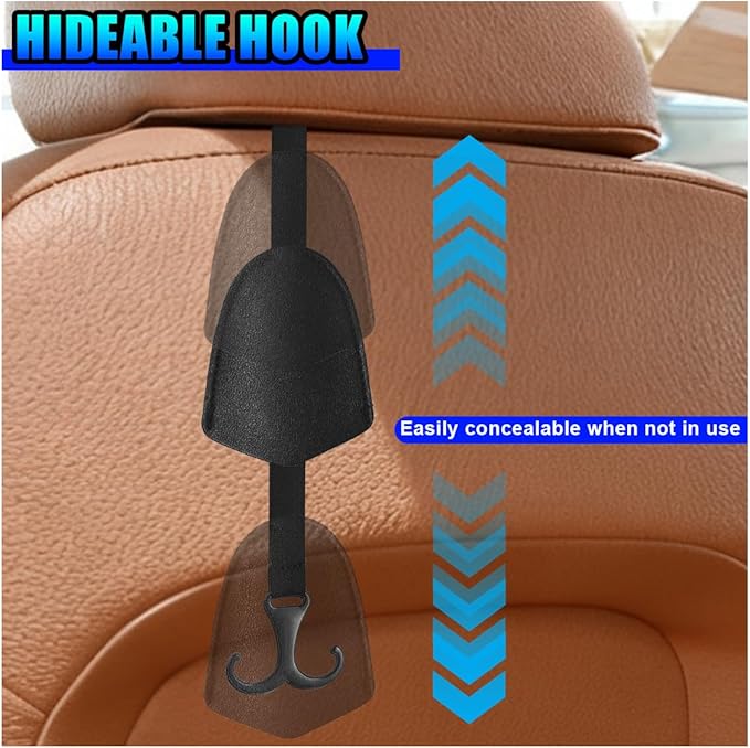 2PCS Car Seat Hooks for Headrest, Leather Car Seat Back Storage Hanger with Double Hooks, Universal Hidden Auto Organization Accessories for Purses, Bags, Umbrellas, Handbags (Black)