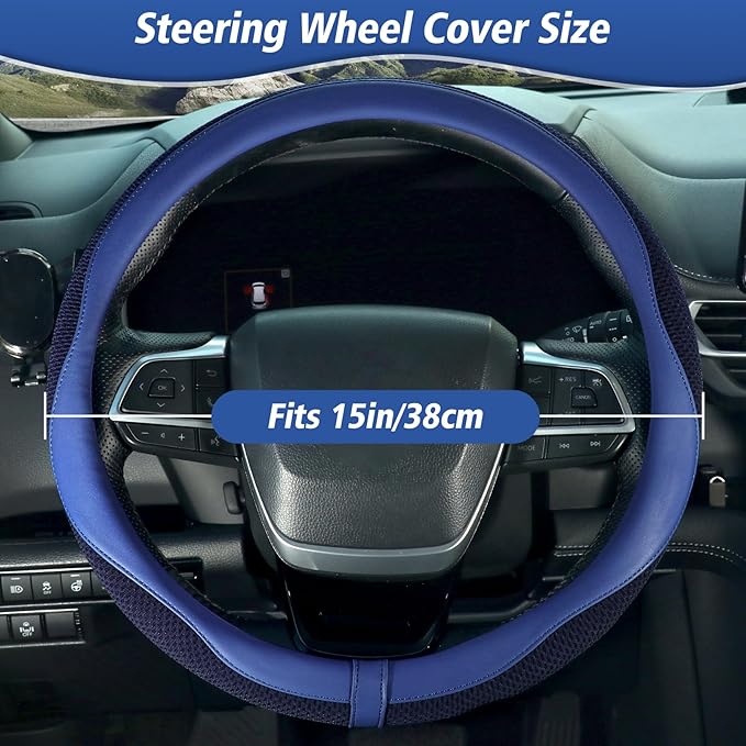 ZHOL Blue Steering Wheel Cover,Nappa Faux Leather with Comfort Grip,Non-Slip Breathable Universal Car Accessory for 15 Inch Steering Wheel