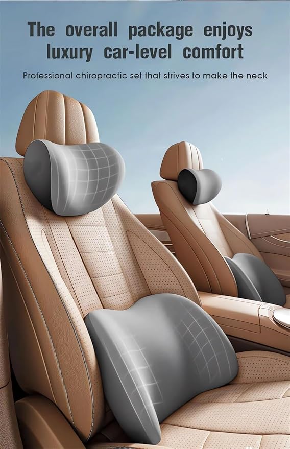 Car Headrest & Lumbar Support Cushion Ergonomic Car Seat Neck Back Rest Pillows Orthopedic Memory Foam Head Rest and Lower Lumbar Support Pillow Set Backrest Driving Seat Office Chair Support (Black)