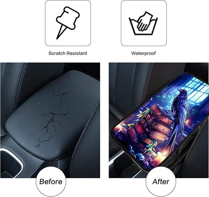JANENFNA Car Armrest Cover Pads Universal Fashion Cute Auto Center Console Armrest Cover Pad with 2PCS Car Coasters Soft Waterproof Car Armrest Seat Protector for Women,Crow Standing on Books