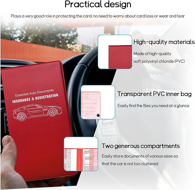 Car Registration and Insurance Holder, 10.39''×9.56'' Essential Auto Card Document Glove Box Organizer with Closure, Car Interior Accessories (Red, Large Car)