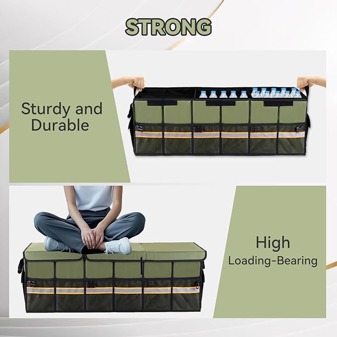 EAROND Car Trunk Organizer with Lid,Collapsible Car Storage Organizer with Multi Compartments and Securing Straps for SUV,Sedan,Jeep-Green
