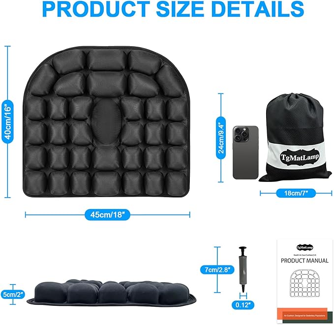 Travel Seat Cushion, Comfortable 3D Inflatable Seat Cushion for Hemorrhoid and Tailbone Pain Relief, Optimal Support for Long Sitting in Car, Air Travel, Office Chairs Etc (Gray, 16" x18")