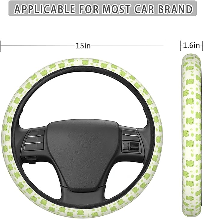FeHuew Cute Frog Green Leaves Steering Wheel Cover for Women, Girls 15 inch Universal Auto Car Anti Slip Wrap Steering Wheel Covers Fit for Vehicles, Truck, SUV