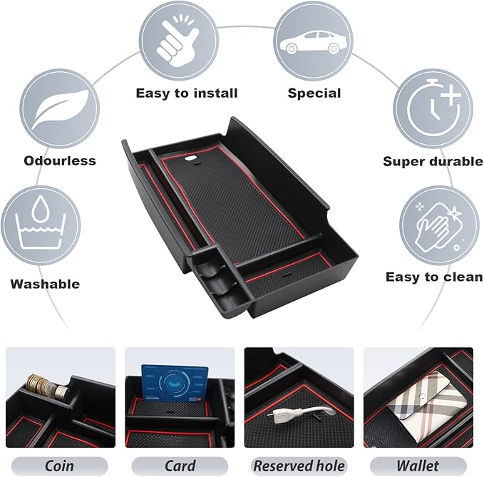 SKTU for 2021 2022 2023 2024 2025 Ford Bronco Sport Center Console Organizer for 2023 2024 2025 Ford Bronco Sport Accessories Insert ABS Black Materials Tray Armrest Secondary Storage Box (Red)