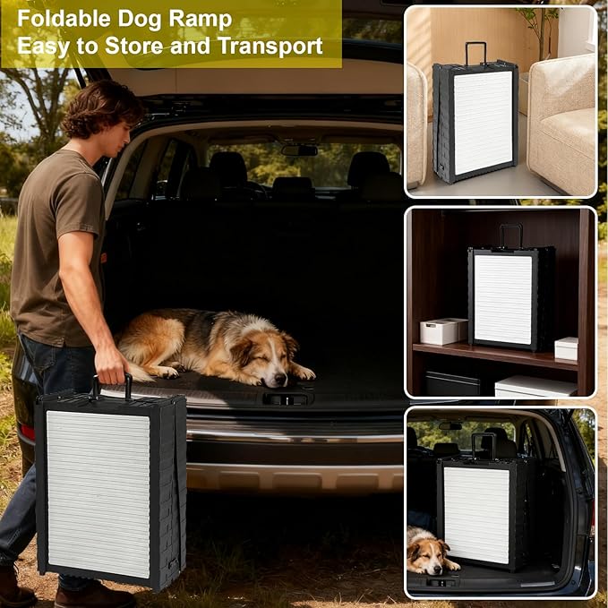 BAQTALE Foldable Dog Ramp for Cars 8 Adjustable Heights with Support Leg, Non-Slip Surface, Portable Pet Ramp for Small, Medium & Large Dogs up to 220lb, Carry-on Size Outdoor Ramp