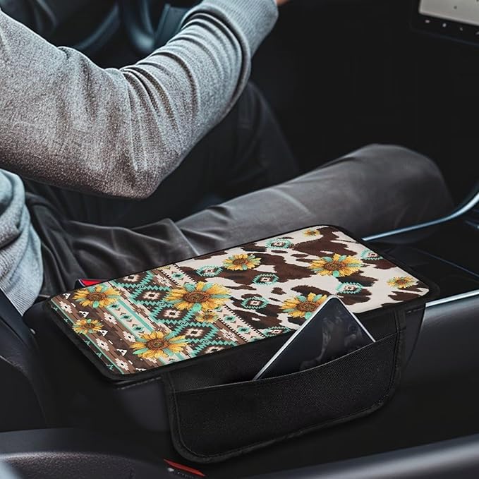 Dreaweet Sunflower Aztec Print Center Console Cover with Pockets Brown Cow Print Car Accessories for Women Soft Comfortable Armrest Cover Protector Arm Rest Cover for Vehicle SUV Truck