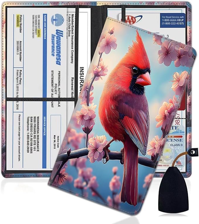 Car Document Holder with Magnetic Shut, Car Registration and Insurance Card Holder, Vehicle Glove Box Organizer Documents, Driver License, Auto Paperwork Organizer Wallet, Cardinal Flowers In Bloom