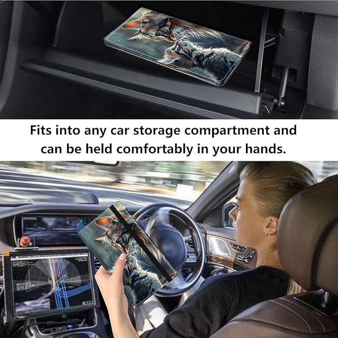 Qindaiwen Car Registration and Insurance Holder, Vehicle Card Document Elastic Band Closure Glove Box Organizer, Driver License Cards, Car Accessories for Essential Info, Two Cats 02