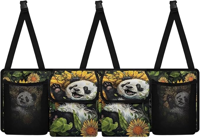 Car Trunk Organizer SUV with 3 Non-slip Strips, Back Hanging Car Storage Organizer with 2 Large Pockets & 2 Mesh Pockets, Auto Accessories Interior,Panda Sunflower