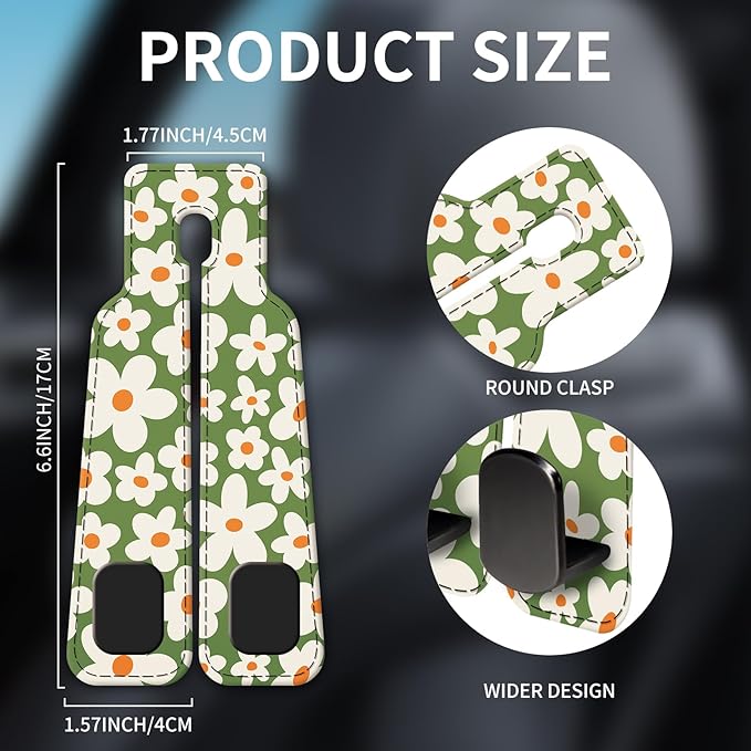 NUGGHU Car Seat Headrest Hook, Universal Leather Cute Hanger Holder Hook, Storage Organizer Interior Accessories for Purse Bags Handbag Cute Green Daisy