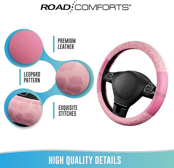 Road Comforts Leopard Steering Wheel Cover - Made with PVC Leather Cheetah Print - Anti-Slip, Universal Fit 14 1/2 inches to 15 inches - Pink