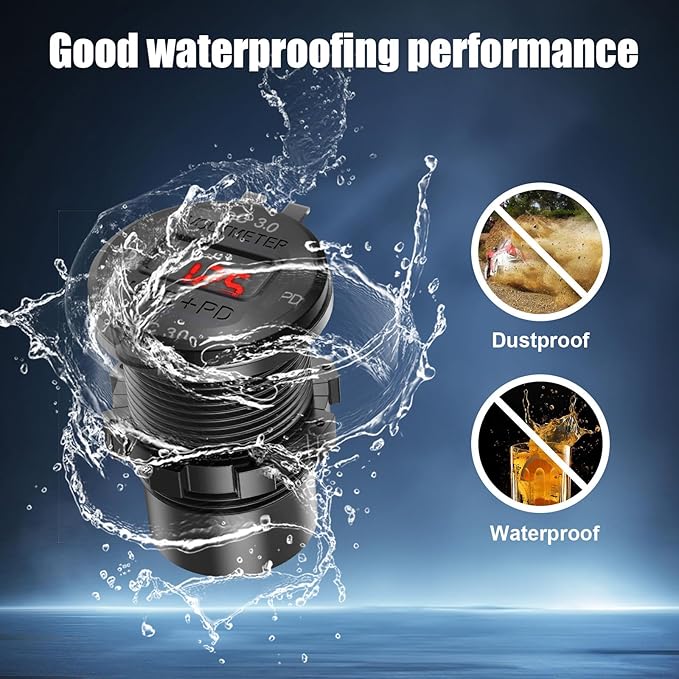 12V USB Outlet 4 Port Car Charger Socket, Dual PD USB C and Dual Quick Charge 3.0 Port Aluminum Charger with Red Voltmeter DIY Kit Waterproof for Car Boat Marine Motorcycle RV ATV Truck Golf Cart, etc