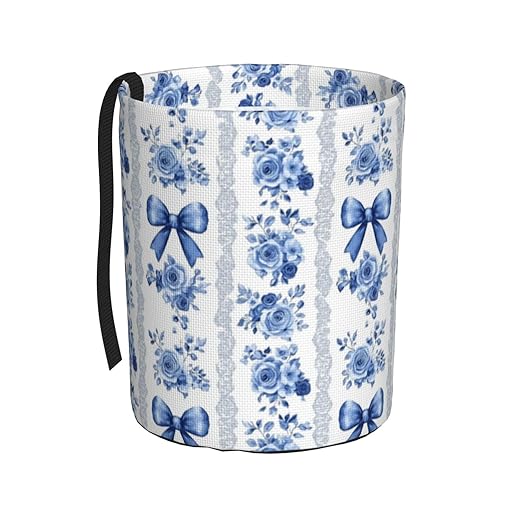 Blue Floral Lace Ribbon Car Trash Can Leak-Proof Waterproof Hanging Trash Bin Collapsible Garbage Can for Car Accessories Travelling Camping