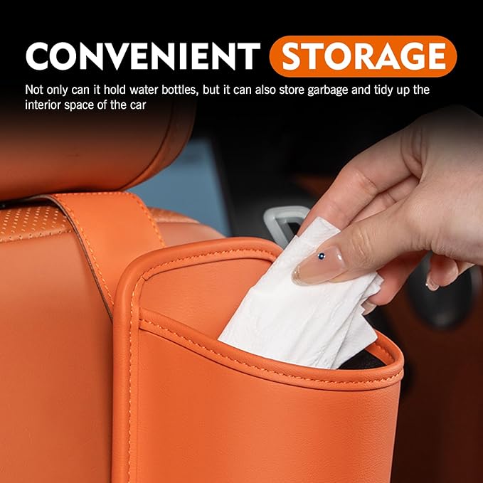 2PCS Car Headrest Cup Holder for Back Seat, PU Leather Premium Storage Accessory, Multi-Functional Anti-Spill Cup Storage Box with Hooks for Bags, Universal for Most Cars (Orange)