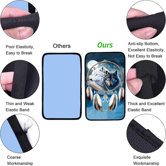 JANENFNA Car Armrest Cover Pads Universal Fashion Cute Auto Center Console Armrest Cover Pad with 2PCS Car Coasters Soft Waterproof Car Armrest Seat Protector for Women,Wolf Feather Hanger