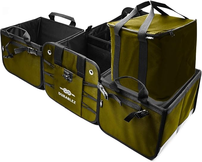 DURABLEZ 5-Section Extra Large Trunk Organizer – Heavy Duty 1680D Oxford, Collapsible & Foldable Car Cargo Organizer, Modular Multi-Shape Storage System for SUV, Truck, Van – Military Green