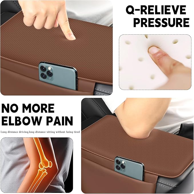 Car Armrest Cover Pad - Nappa Leather Car Center Console Cover with Breathable Holes, Non-Slip Auto Arm Rest Cushion, Universal Car Interior Accessories Fit forTesla Model Y Most Cars (Dark Brown)