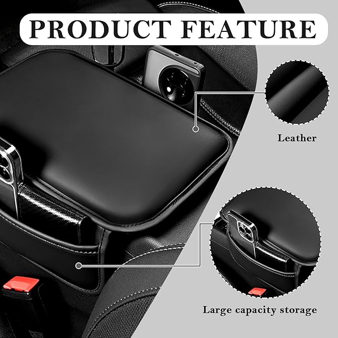 Stacool Center Console Cover with Storage Bag,Leather Comfort Armrest Cover for Car Decorations & Height Car Armrest Cushion,Universal Car Arm Rest Cover Pad for Most Vehicles (Black)