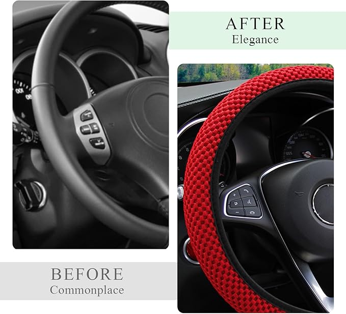 Elastic Steering Wheel Cover, 15"×15" Comfy Breathable Stretch Steering Wheel Protector, Ice-Silk Cloth Polyester Steering Wheel Cover for Men Women, Car Accessories (Red)