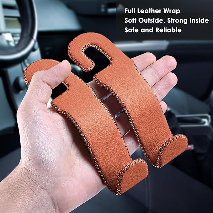 AMVOYOA Leather Hooks for Headrest - Fully Leather-Wrapped U-Shaped Purse Holder for Car, Flexible Seat Back Organizer & Durable Car Accessories for Purses, Bags, Coats & More (Brown, 2 Pack)
