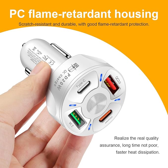 Augeny 4 Ports Car Fast Charging Charger Cigarette Lighter Adapter, Super Fast Auto Charging Cigarette Lighter Plug with QC 3.0, PD 20W, Type C, 3.1 A, Vehicle Phone Charger for Car SUV(White)