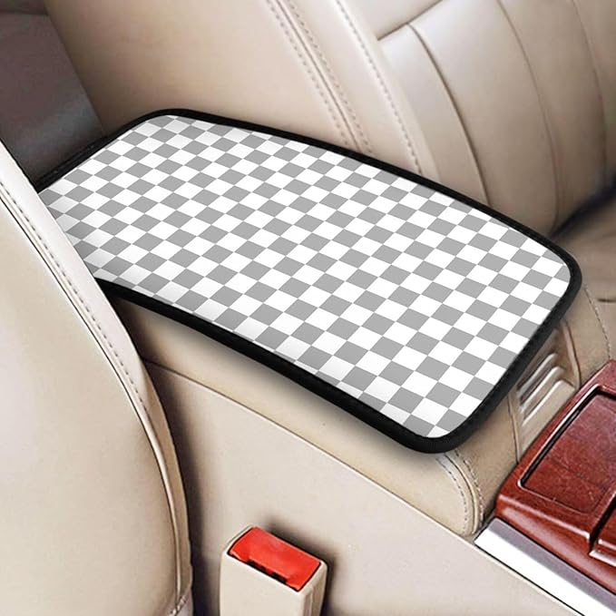 Gray and White Checkered Chessboard Car Armrest Pad Cute Cars Center Console Cover Auto Handrail Box Cushion Armrests Cover