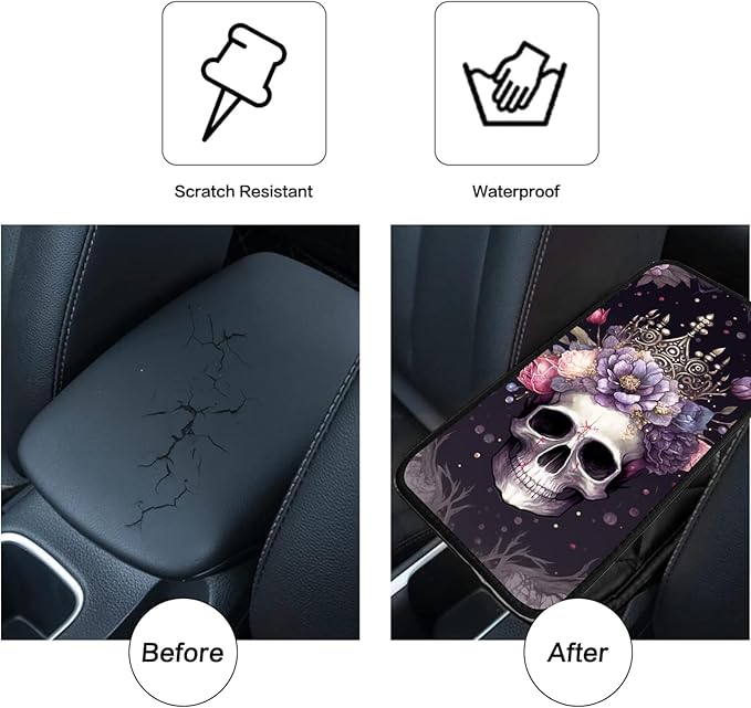 JANENFNA Car Armrest Cover Pads Universal Fashion Cute Auto Center Console Armrest Cover Pad with 2PCS Car Coasters Soft Waterproof Car Armrest Seat Protector for Women,Skull with Crown