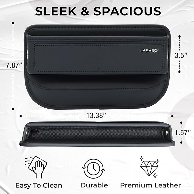 Car Seat Gap Filler Organizer (Black) -Soft PU Leather Car Seat Gap Filler Organizer - Gap Filler For Car w/Pockets & Large Compartment - Slip-Resistant Between Seat and Center Console