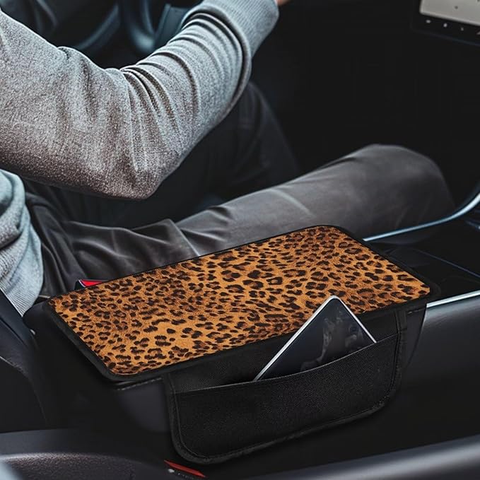 Dreaweet Cheetah Print Car Accessories Center Console Cover,Brown Leopard Print Car Armrest Cover Cushion Pad with Pockets,Universal Arm Rest Cover for Car Truck SUV Van