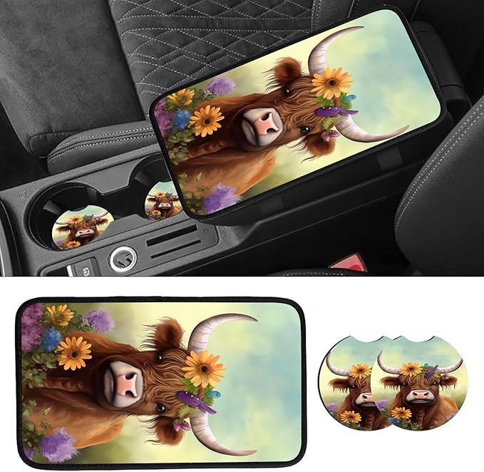 JANENFNA Car Armrest Cover Pads Universal Fashion Cute Auto Center Console Armrest Cover Pad with 2PCS Car Coasters Soft Waterproof Car Armrest Seat Protector for Women,Flowers Cow