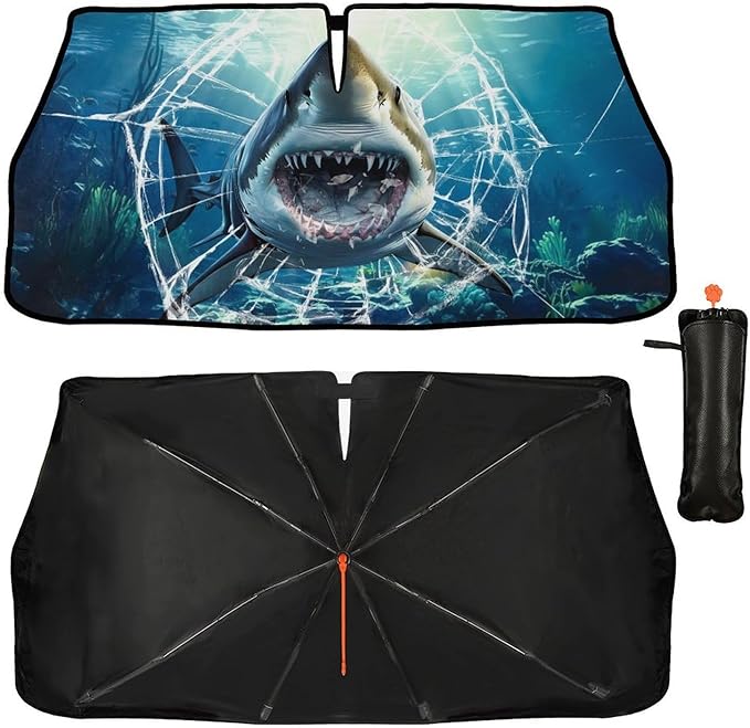 DOPINDU Shark Car Windshield Sun Shade Umbrella Bendable Handle Foldable Funny Sunshade for Car Windshield Block UV Rays Keep Vehicle Cool for Most Sedans SUV Trucks Cars 57"x30"