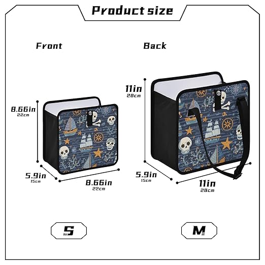 Car Trash Can Organizer Bin with Adjustable Strap for Back Front Seat Console Waterproof Leakproof Collapsible Portable 11 Inch Blue Pirate Skulls Sailboats Starfish and Compass