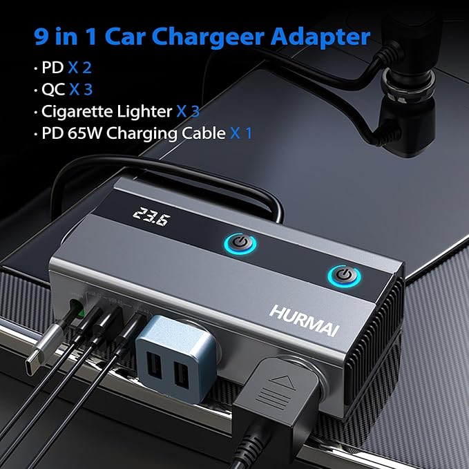 9 in 1 Cigarette Lighter Splitter Adapter with Retractable Phone Charger, 120W 3 Socket Heavy Duty Truck Car USB Chager Multi Port with PD/QC Charge USB C 12V/24V Independent Switches for Car Devices
