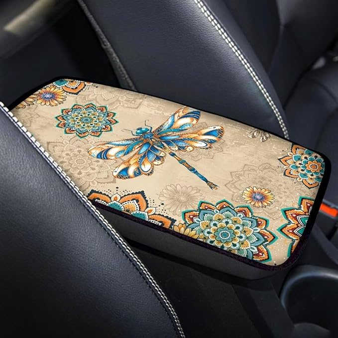 Dragonfly Print Car Center Console Armrest Cover Boho Mandala Flower Print Armrest Box Protector Cover Universal Fits Truck Sedan SUV, Auto Interior Decor