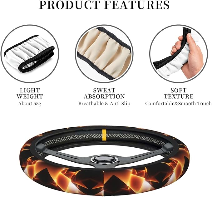 Black Orange Fire Geometric Universal Fit Steering Wheel Cover for Car, Truck, and SUV, Durable Steering Wheel Protection