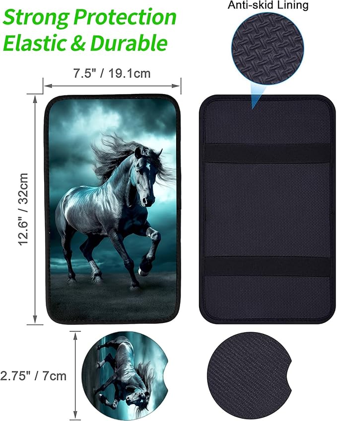 JANENFNA Car Armrest Cover Pads Universal Fashion Cute Auto Center Console Armrest Cover Pad with 2PCS Car Coasters Soft Waterproof Car Armrest Seat Protector for Women,Dark Horse