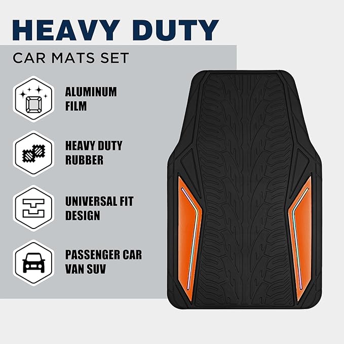 PIC AUTO Rubber Floor Mats, Orange Aluminum Film with Colorful Piping Floor Mats for Cars, Car Mats with Non-Slip Backing, All-Weather Protection, Trim-to-Fit Liner for Cars, SUVs, Trucks, Vehicles