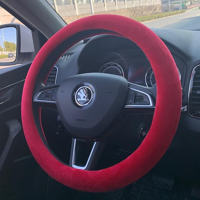 Fluffy Steering Wheel Cover, Short Plush Auto Accessories for Women with Inner Ring Universal 15 Inch (Red)