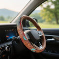 Steering Wheel Cover Western Car Tooled Leather Retro Cowboy Car & Truck Accessory, Universal 15 Inch Non Slip Wheel Cover for SUV, Pickup, Comfortable Grip, Easy to Install (Coffee)