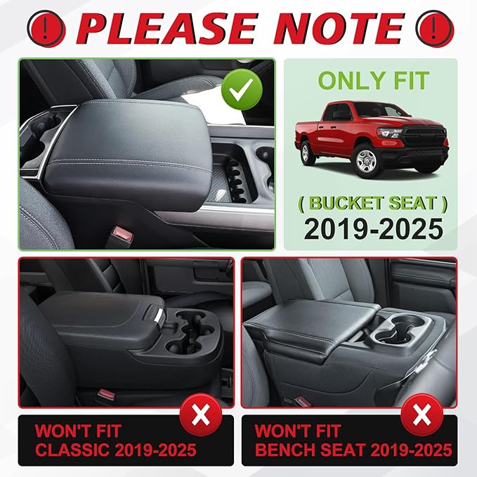 Muslogy Center Console Armrest Cover for Dodge Ram1500 2500 3500 2019-2025 Comfort Armrest Pad Arm Rest Cushion Vegan Leather Protector 1-Inch Extra Thick(Bucket Seat ONLY, NO Limited,Laramie)